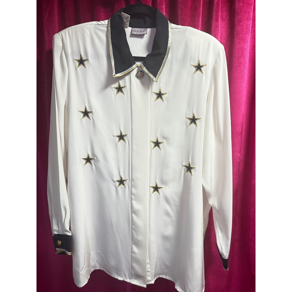 Bora Bora Star Blouse Women Size 12 White Excellent Long Sleeve Gold Trim Button